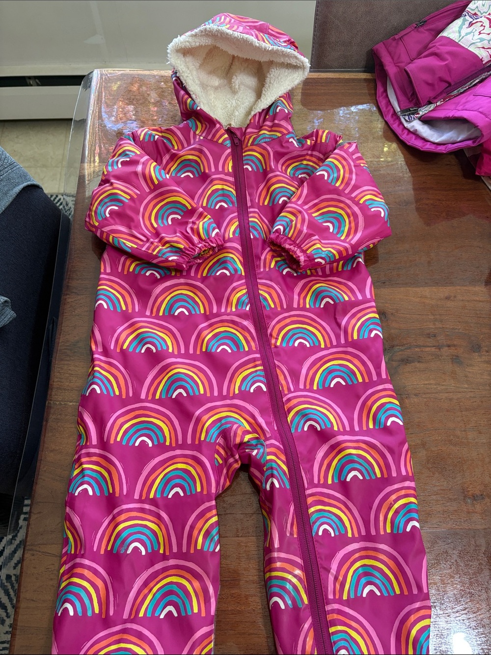 Hatley Kids Rainbow Hooded One-Piece Rainsuit Sherpa lined- Pink 2-3T